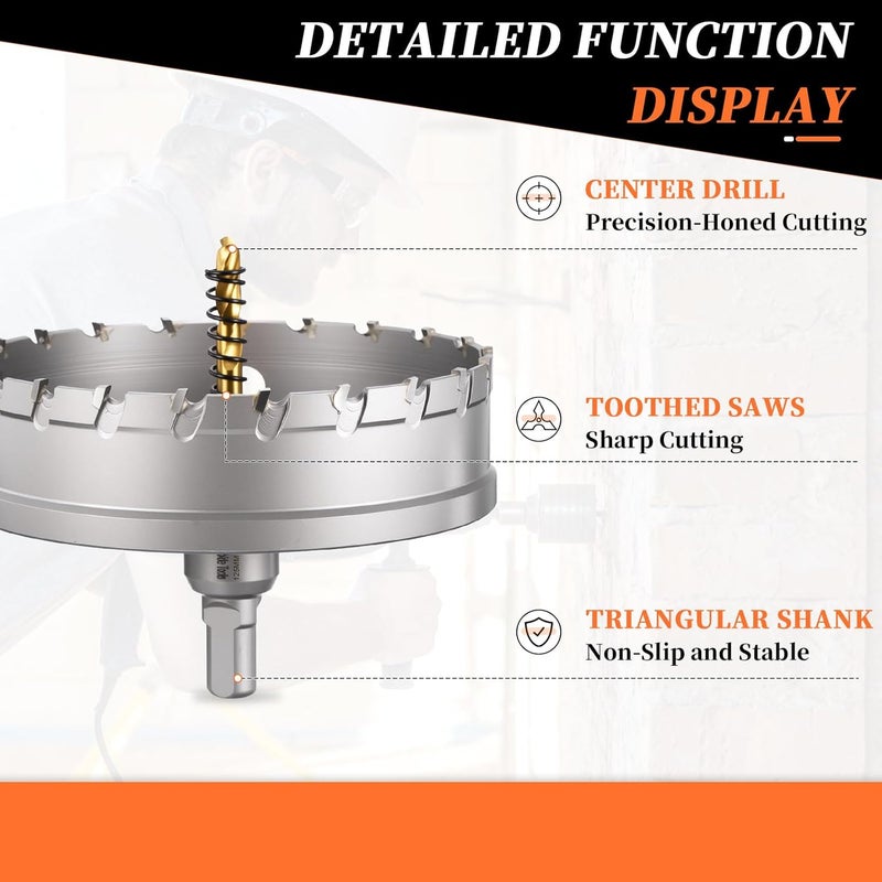 METALLIXITY Hole Saw 125mm (4-29/32"), Heavy Duty Tungsten Carbide with Center Drill Bit Hex Key Spring - Hole Cutters for Thick Stainless Steel Steel Metal Plates. Silver - Image 3